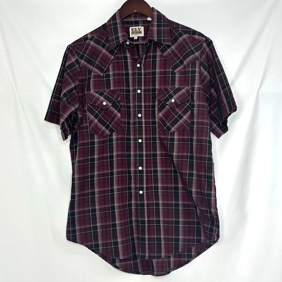 Vintage Ely Cattleman Western Shirt Mens Medium Pearl Snap Burgundy Black Plaid - Picture 1 of 6